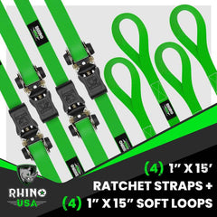 Rhino USA Medium Duty Ratchet Strap Tie-Down 4-Pack (Green) RCHT-4PACK-GRN