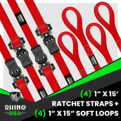 Rhino USA Medium Duty Ratchet Strap Tie-Down 4-Pack (Red) RCHT-4PACK-RED