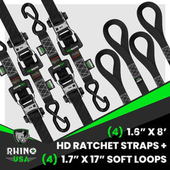 Rhino USA Heavy Duty Ratchet Tie-Down 4-Pack (Black) 1.6In X 8Ft HD-RATCHETKIT-4PK