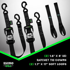 Rhino USA Heavy Duty Ratchet Tie-Downs 2-Pack (Green) 1.6In X 8Ft HDKIT-2PK-GRN