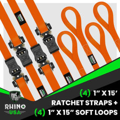Rhino USA Medium Duty Ratchet Strap Tie-Down 4-Pack (Orange) RCHT-4PACK-ORG
