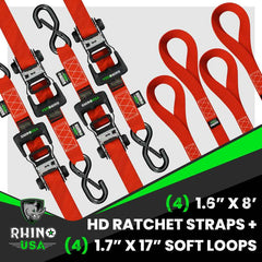 Rhino USA Heavy Duty Ratchet Tie-Down 4-Pack (Red) 1.6In X 8Ft HDKIT-4PK-RED