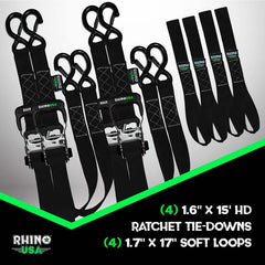 Rhino USA Heavy Duty Ratchet Tie-Down 4-Pack Black 1.6In X 15Ft TD-GC1.6X15-BLK