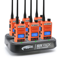Rugged 6 Pack - Rugged GMR2 PLUS - GMRS and FRS Two Way Handheld Radios with Bank Charger - Safety Orange