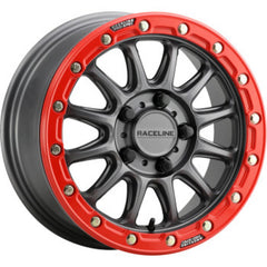 Raceline A14GR Alpha 15x7in/4x156 BP/10mm Offset/132.5mm Bore - Gunmetal & Red Ring Beadlock Wheel A14GR-57056+10