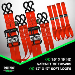 Rhino USA Heavy Duty Ratchet Tie-Down 4-Pack Red 1.6In X 15Ft TD-GC1.6X15-RED