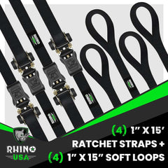 Rhino USA Medium Duty Ratchet Strap Tie-Down 4-Pack (Black) GMG-R1-4PACK