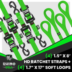 Rhino USA Heavy Duty Ratchet Tie-Down 4-Pack (Green) 1.6In X 8Ft HDKIT-4PK-GRN