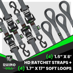 Rhino USA Heavy Duty Ratchet Tie-Down 4-Pack (Gray) 1.6In X 8Ft HDKIT-4PK-GRY