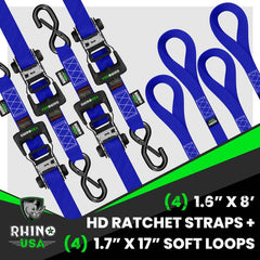 Rhino USA Heavy Duty Ratchet Tie-Down 4-Pack (Blue) 1.6In X 8Ft HDKIT-4PK-BLU